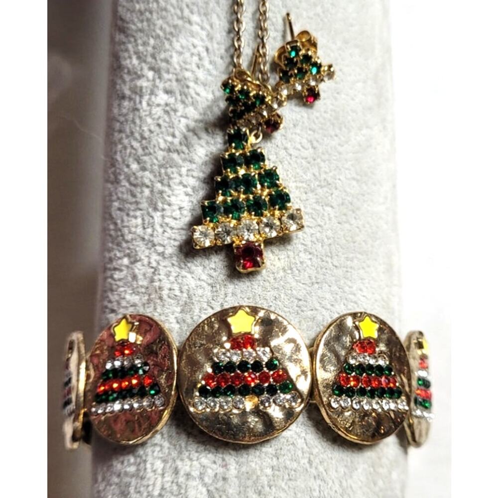 Vtg Emmons Rhinetone Christmas Tree Pendant Necklace Goldtone Earrings Bracelet